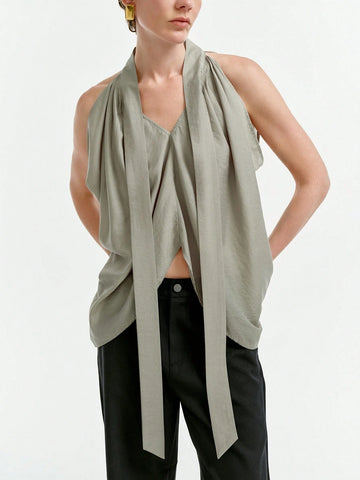 Aalyst Women's Spring/Summer Halter Sleeveless Tied Asymmetrical Pleated Long Shirt