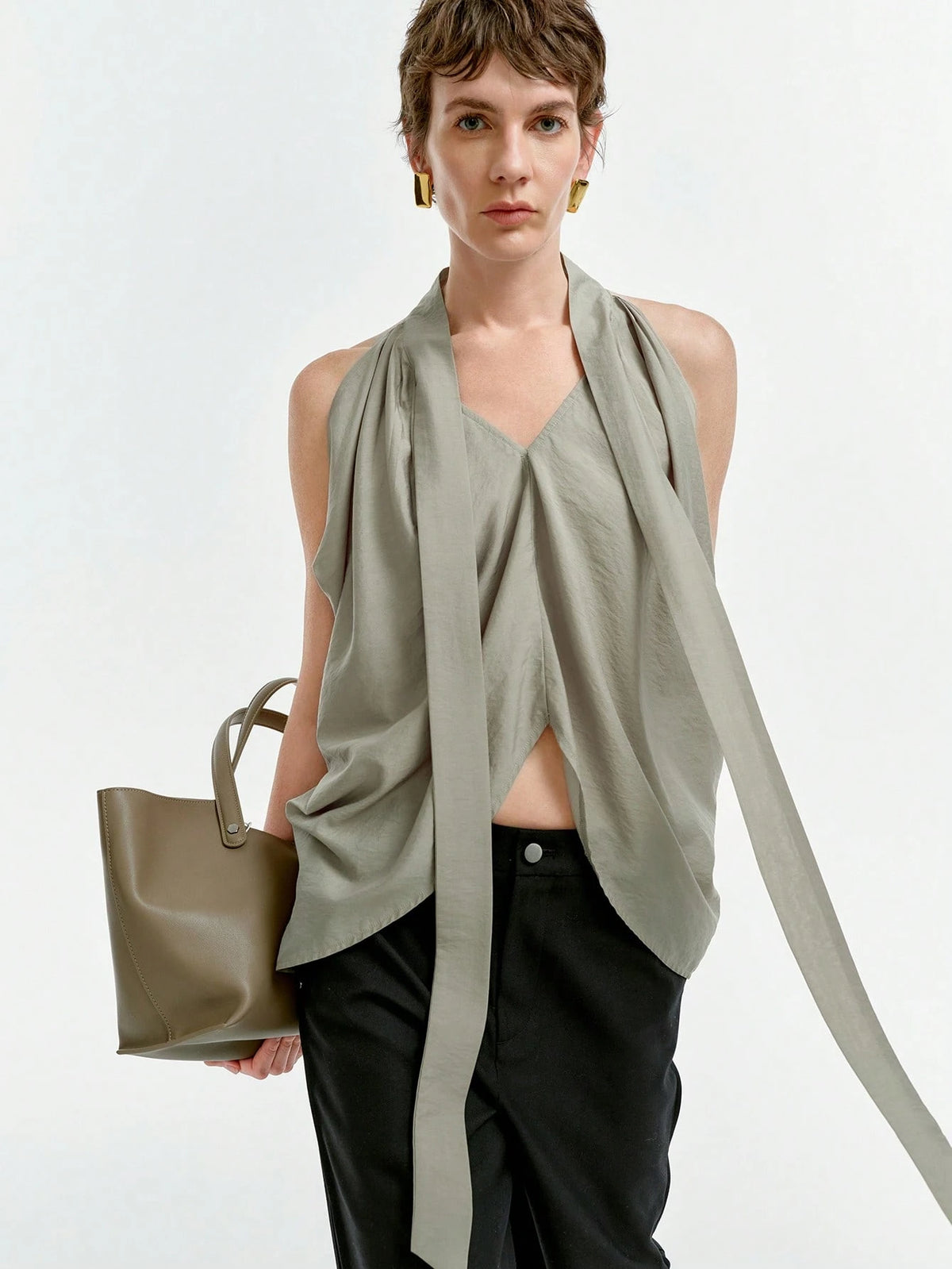 Aalyst Women's Spring/Summer Halter Sleeveless Tied Asymmetrical Pleated Long Shirt