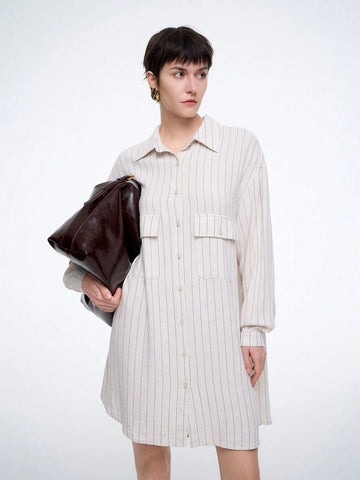 Aalyst Women's Spring, Autumn & Summer French Style Commuter Casual Vacation Lapel Utility Pocket Drop Shoulder Loose Linen Striped Shirt Dress
