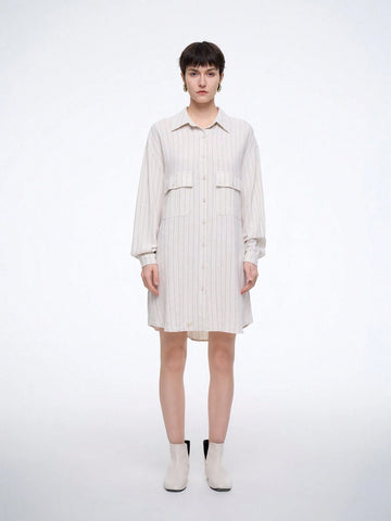 Aalyst Women's Spring, Autumn & Summer French Style Commuter Casual Vacation Lapel Utility Pocket Drop Shoulder Loose Linen Striped Shirt Dress