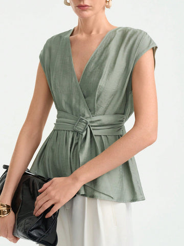 Aalyst Women's Summer Casual V-Neck Ruffle Waist Blouse,