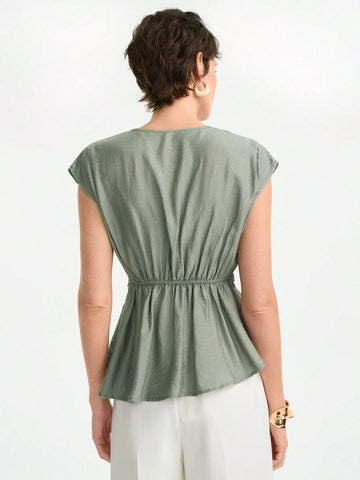 Aalyst Women's Summer Casual V-Neck Ruffle Waist Blouse,