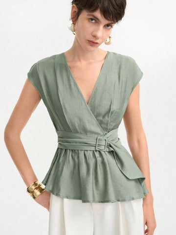 Aalyst Women's Summer Casual V-Neck Ruffle Waist Blouse,