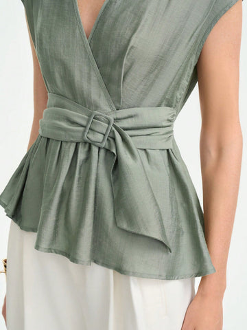 Aalyst Women's Summer Casual V-Neck Ruffle Waist Blouse,