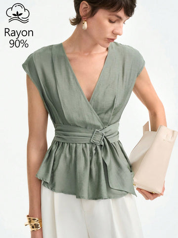 Aalyst Women's Summer Casual V-Neck Ruffle Waist Blouse,