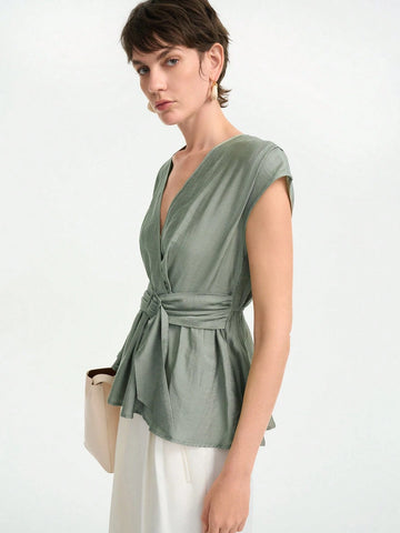 Aalyst Women's Summer Casual V-Neck Ruffle Waist Blouse,