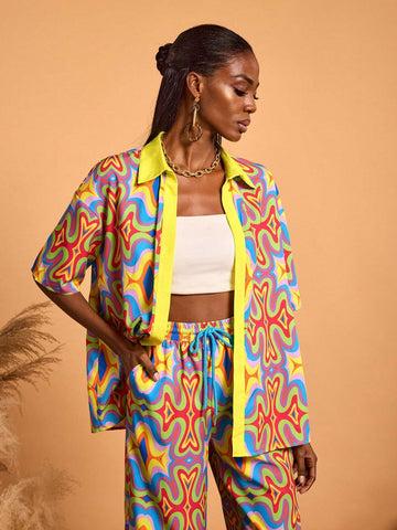 Multi-Color Colorful Printed Oversized Blouse Casual Vacation Summer