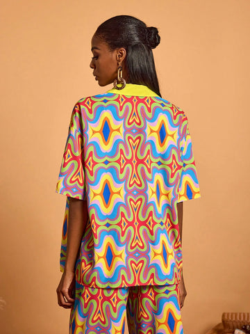 Multi-Color Colorful Printed Oversized Blouse Casual Vacation Summer