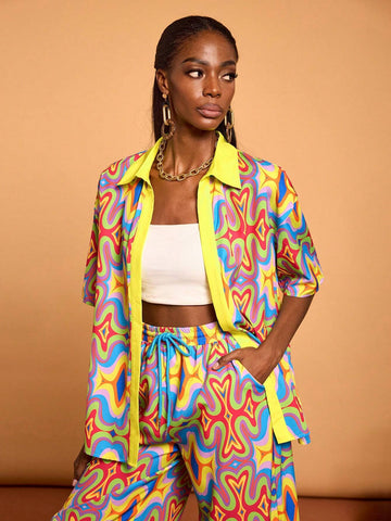 Multi-Color Colorful Printed Oversized Blouse Casual Vacation Summer