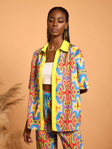 Multi-Color Colorful Printed Oversized Blouse Casual Vacation Summer