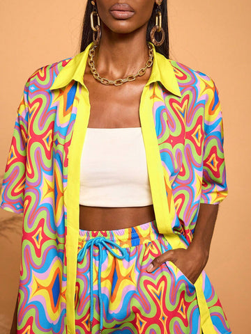 Multi-Color Colorful Printed Oversized Blouse Casual Vacation Summer