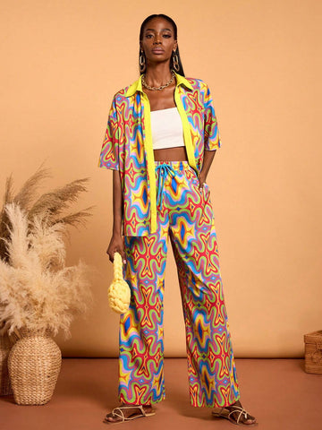 Multi-Color Colorful Printed Oversized Blouse Casual Vacation Summer