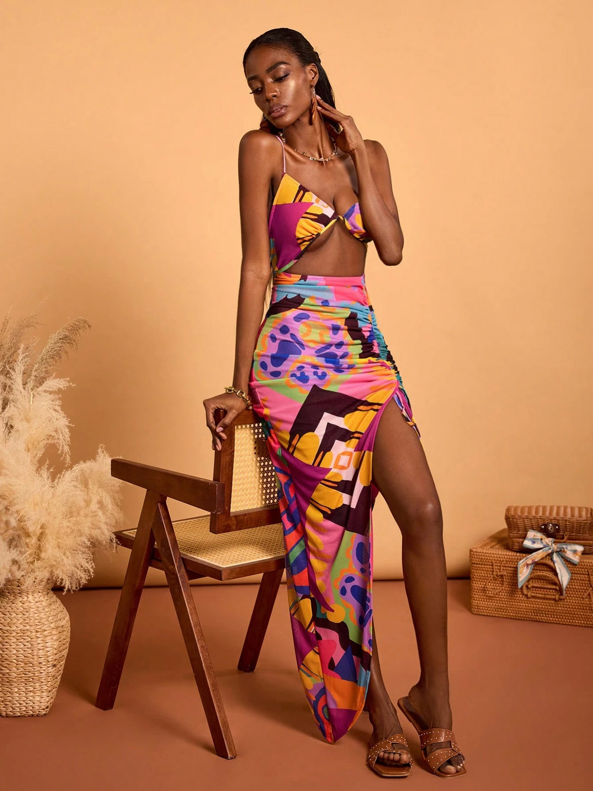 Abeille Creations Multicolor Abstract Gradient Pattern Asymmetric Print Mesh Drawstring Slit Resort Dress