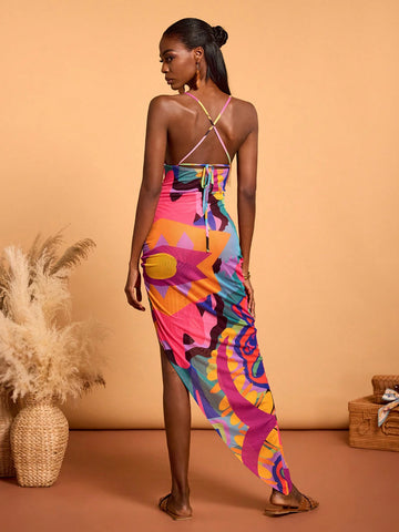 Abeille Creations Multicolor Abstract Gradient Pattern Asymmetric Print Mesh Drawstring Slit Resort Dress