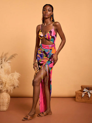 Abeille Creations Multicolor Abstract Gradient Pattern Asymmetric Print Mesh Drawstring Slit Resort Dress