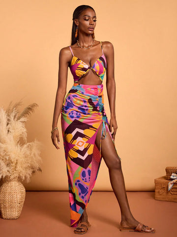 Abeille Creations Multicolor Abstract Gradient Pattern Asymmetric Print Mesh Drawstring Slit Resort Dress