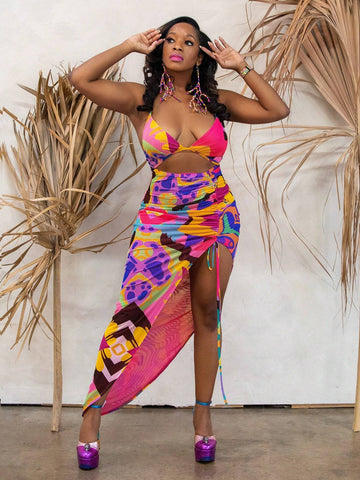 Abeille Creations Multicolor Abstract Gradient Pattern Asymmetric Print Mesh Drawstring Slit Resort Dress