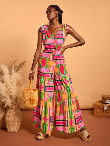 Abeille Creations Women Multi-Color Abstract Art Printed Jumpsuit Sexy Summer Vacation Beach