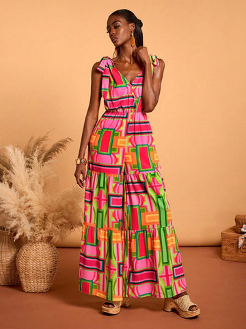 Abeille Creations Women Multi-Color Abstract Art Printed Jumpsuit Sexy Summer Vacation Beach