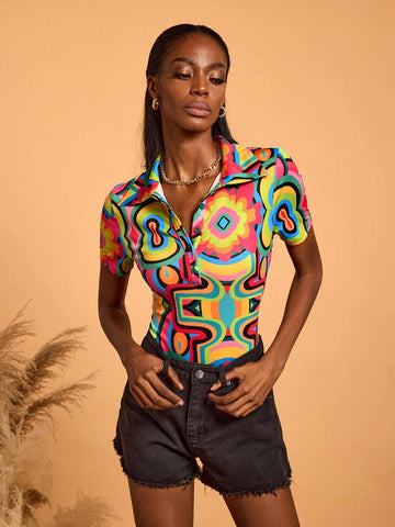 Abeille Creations Women Multi-Color Abstract Printed Collared Short Sleeve Bodysuit Spring Vacation