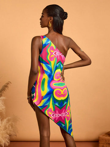 Abeille Creations Women Multicolor Abstract Pattern All-Over Printed Vacation Satin Asymmetrical Mini Dress