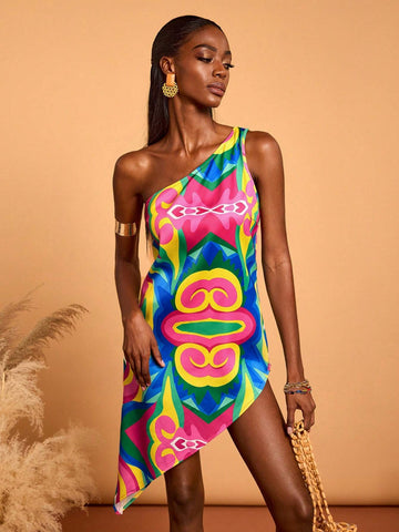 Abeille Creations Women Multicolor Abstract Pattern All-Over Printed Vacation Satin Asymmetrical Mini Dress