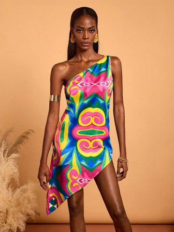 Abeille Creations Women Multicolor Abstract Pattern All-Over Printed Vacation Satin Asymmetrical Mini Dress