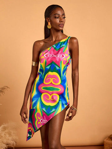 Abeille Creations Women Multicolor Abstract Pattern All-Over Printed Vacation Satin Asymmetrical Mini Dress