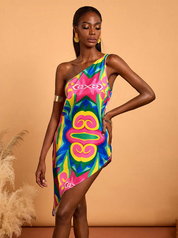 Abeille Creations Women Multicolor Abstract Pattern All-Over Printed Vacation Satin Asymmetrical Mini Dress