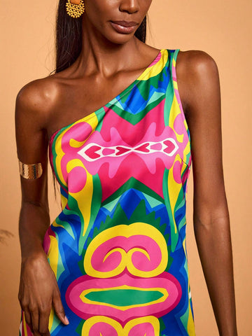 Abeille Creations Women Multicolor Abstract Pattern All-Over Printed Vacation Satin Asymmetrical Mini Dress