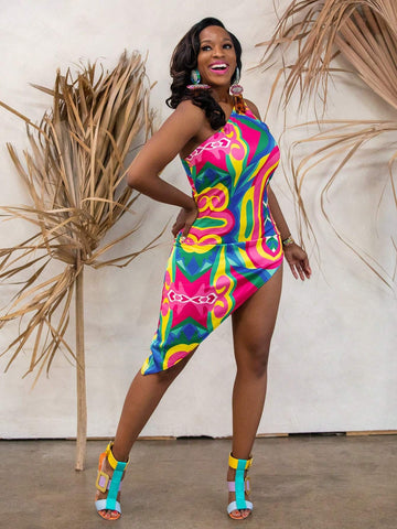 Abeille Creations Women Multicolor Abstract Pattern All-Over Printed Vacation Satin Asymmetrical Mini Dress