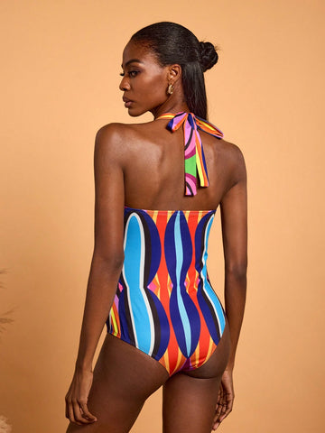 Abeille Creations Women's Multicolor Abstract Art Print Halter Neck Lace-Up Vacation Bodysuit