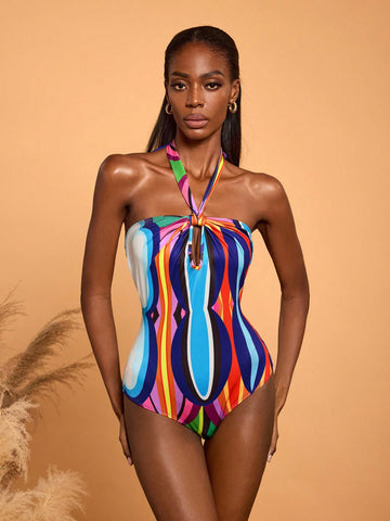 Abeille Creations Women's Multicolor Abstract Art Print Halter Neck Lace-Up Vacation Bodysuit