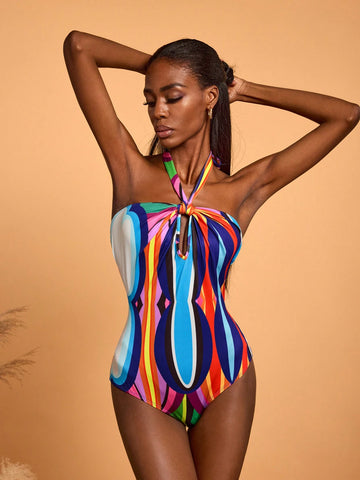 Abeille Creations Women's Multicolor Abstract Art Print Halter Neck Lace-Up Vacation Bodysuit