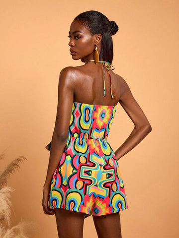 Abeille Creations Women's Multicolor Abstract Print Wrap Halter Neck Vacation Jumpsuit