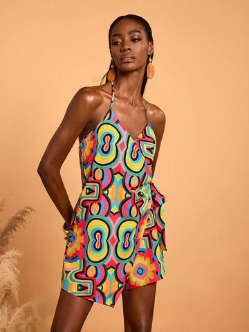 Abeille Creations Women's Multicolor Abstract Print Wrap Halter Neck Vacation Jumpsuit
