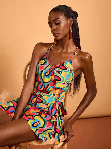 Abeille Creations Women's Multicolor Abstract Print Wrap Halter Neck Vacation Jumpsuit