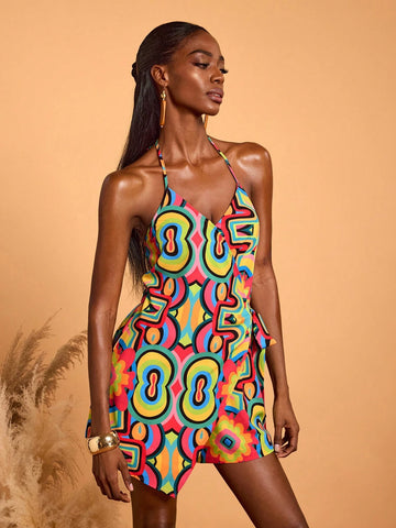 Abeille Creations Women's Multicolor Abstract Print Wrap Halter Neck Vacation Jumpsuit