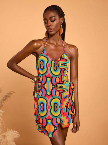 Abeille Creations Women's Multicolor Abstract Print Wrap Halter Neck Vacation Jumpsuit