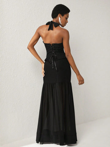 Abojel Halter Tie Back Top & Ruffle Hem Midi Skirt Set