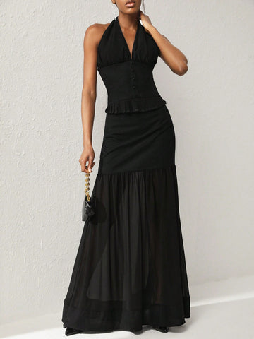 Abojel Halter Tie Back Top & Ruffle Hem Midi Skirt Set