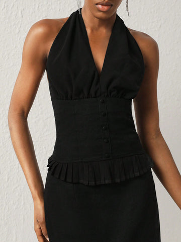 Abojel Halter Tie Back Top & Ruffle Hem Midi Skirt Set