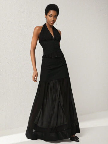 Abojel Halter Tie Back Top & Ruffle Hem Midi Skirt Set