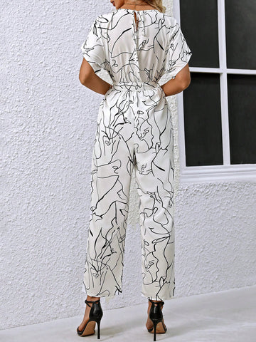 Abstract Line Pattern Print Round Neck Straight Jumpsuit