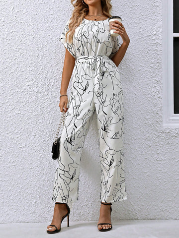 Abstract Line Pattern Print Round Neck Straight Jumpsuit