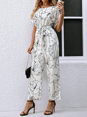 Abstract Line Pattern Print Round Neck Straight Jumpsuit