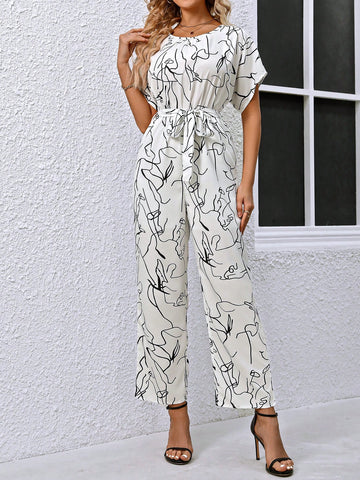 Abstract Line Pattern Print Round Neck Straight Jumpsuit