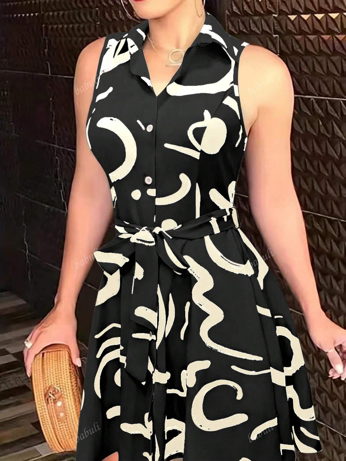 Abstract Print Front Button Sleeveless Dress, Casual Self-Tie Waist Lapel Dress Elegant Printed Ruched Waist Shirtdress