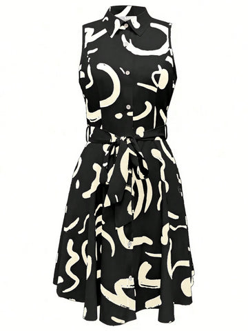 Abstract Print Front Button Sleeveless Dress, Casual Self-Tie Waist Lapel Dress Elegant Printed Ruched Waist Shirtdress