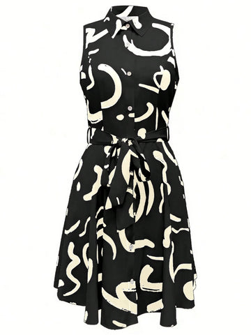 Abstract Print Front Button Sleeveless Dress, Casual Self-Tie Waist Lapel Dress Elegant Printed Ruched Waist Shirtdress